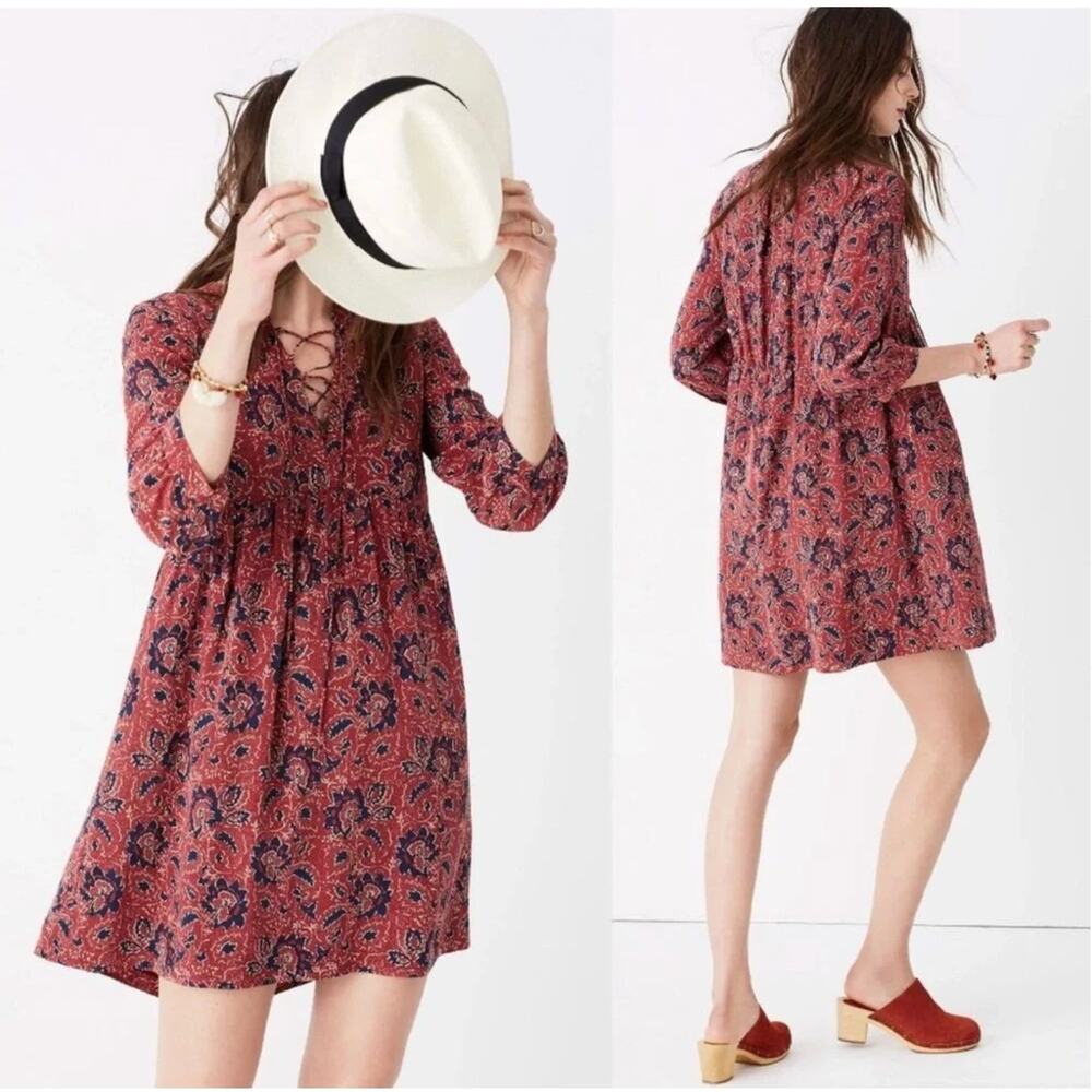 Madewell Assam Silk Mini Dress Womens Small Red Lace-Up Babydoll Boho Floral